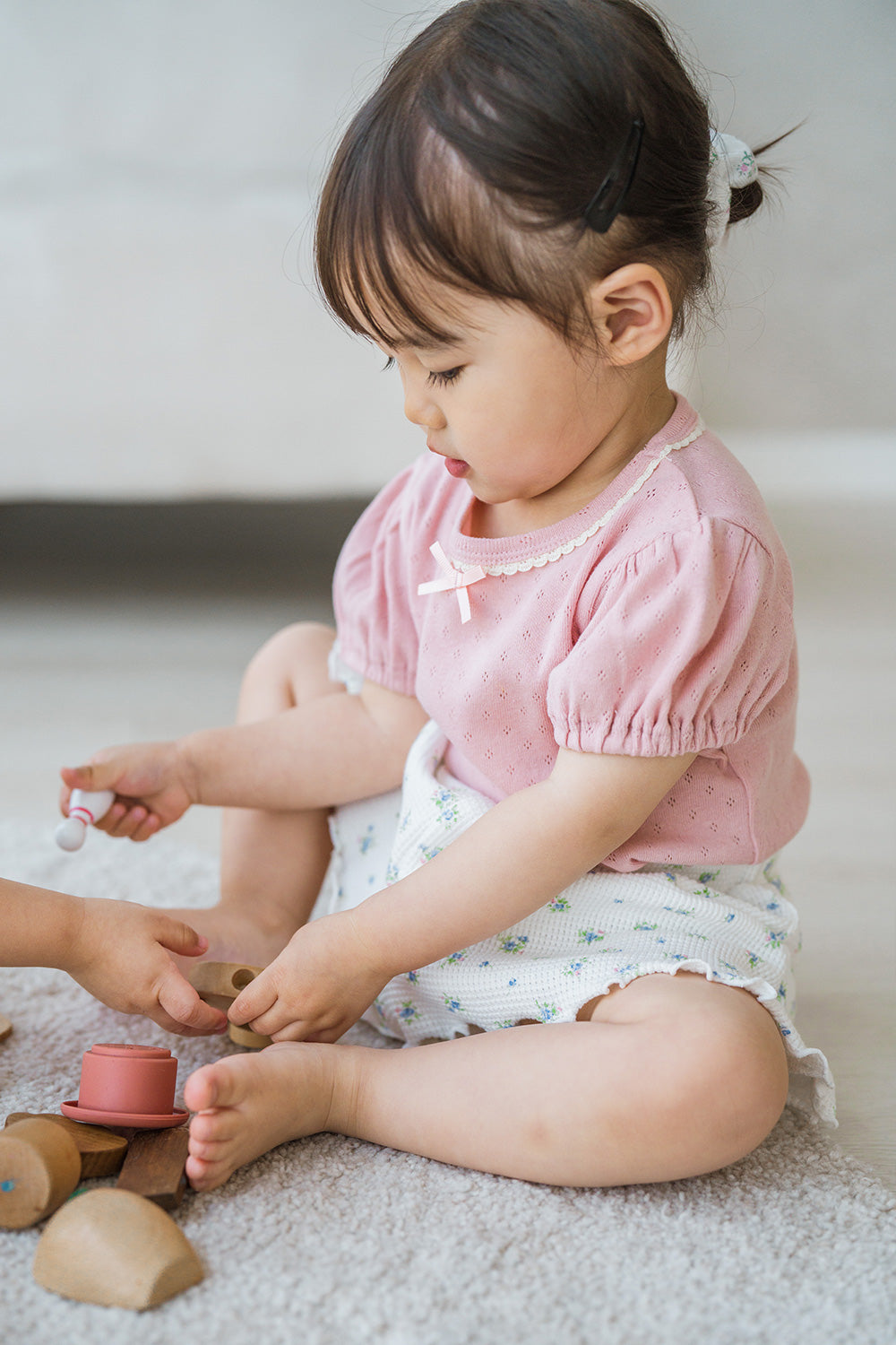 Toddler Playing Comfortably Wearing Avauma Merry Purp Cotton Pink, Cozy Kids Clothing Set

