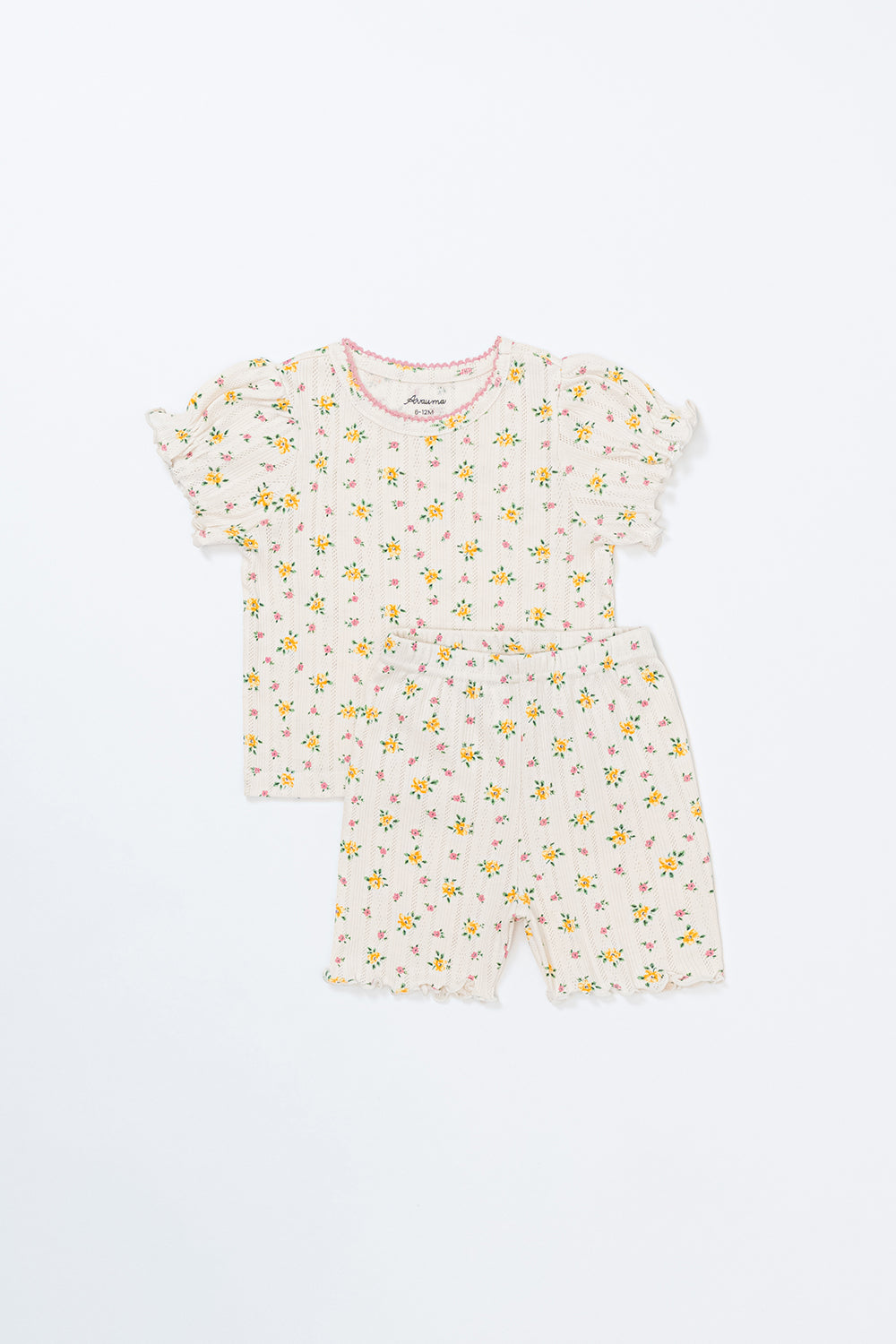Avauma Petite Ruffle Short Sleeve Set - Honey Daisy, baby summer outfit featuring ruffle sleeves and yellow daisy print, laid flat on white background.

