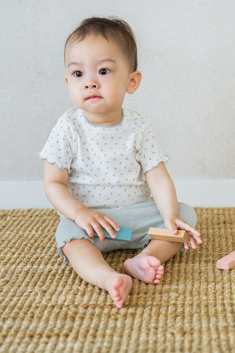 Baby wearing Pure Hug vanilla mint setup, soft ribbed summer set – Avauma

