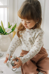 Toddler Girl Playing in Avauma Cream White Flower Patterned Top - Soft Stretch Daily Wear