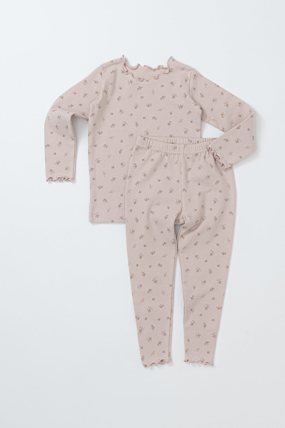 Avauma Fluid Blossom Long Sleeve Baby Pajamas - Strawberry Milk, featuring a soft pink pajama set with delicate floral prints and frill details, perfect for baby girls' sleepwear.